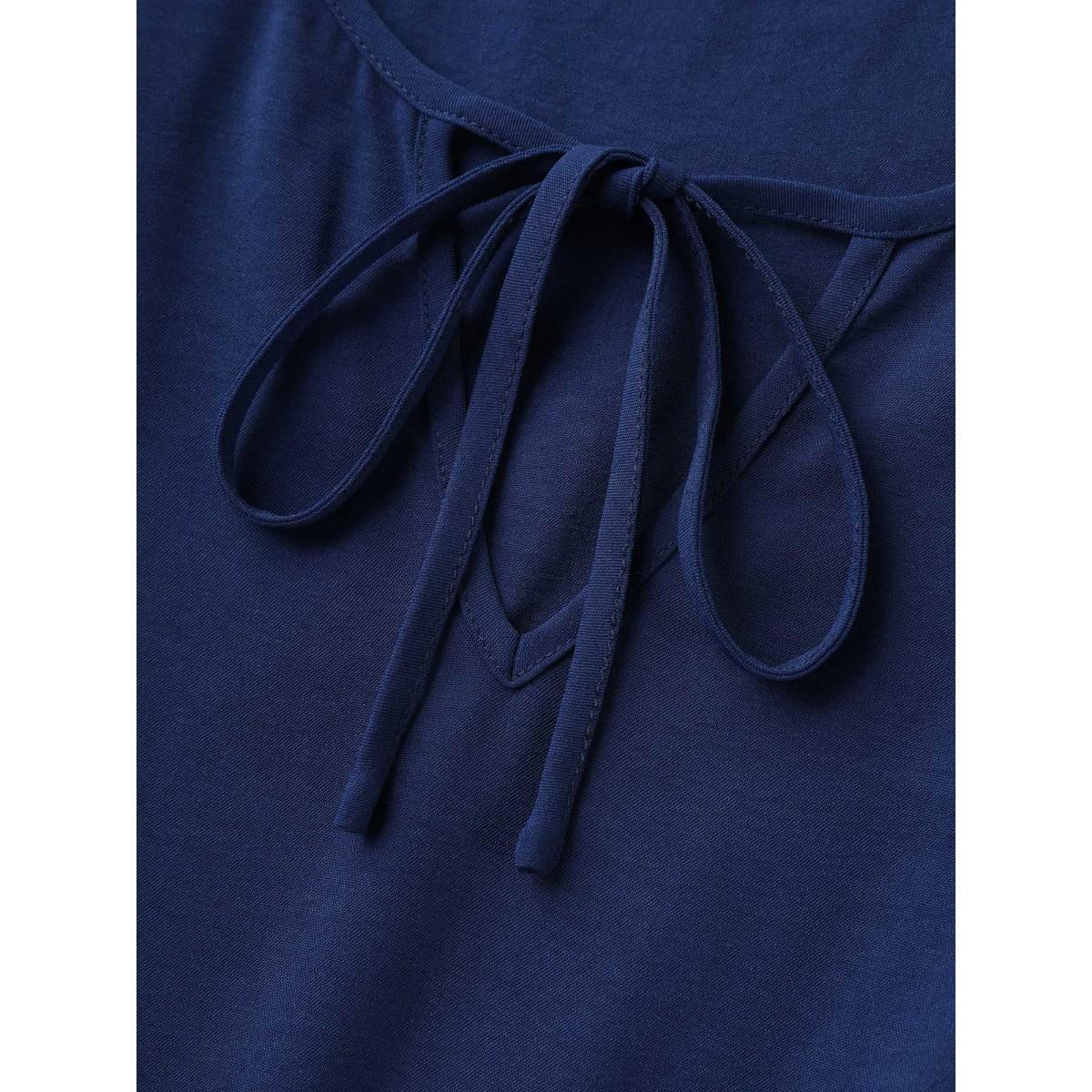 Plus Size Floral Embroidered Neck Tie Midi Dress Indigo Women Notched collar Short sleeve Curvy BloomChic 22-24/3X Product Image