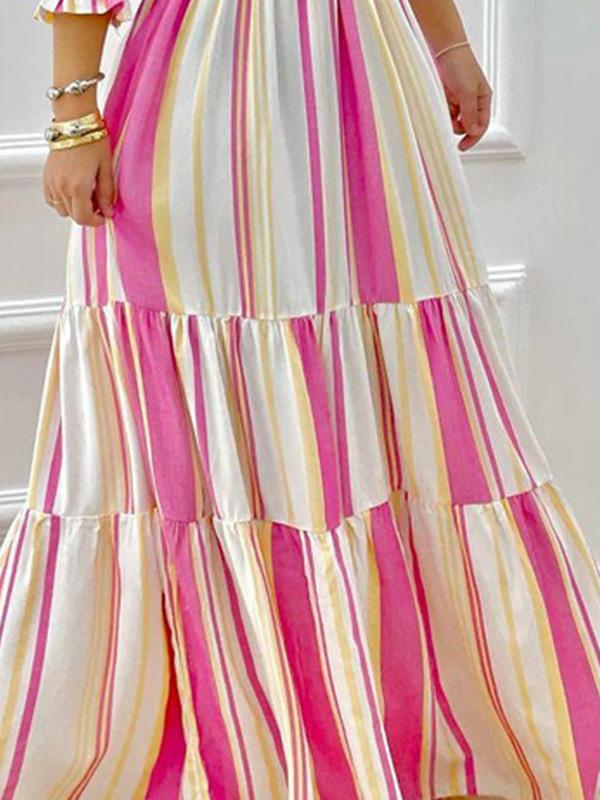 A-Line High Waisted Contrast Color Pleated Split-Joint Off-The-Shoulder Maxi Dresses Product Image