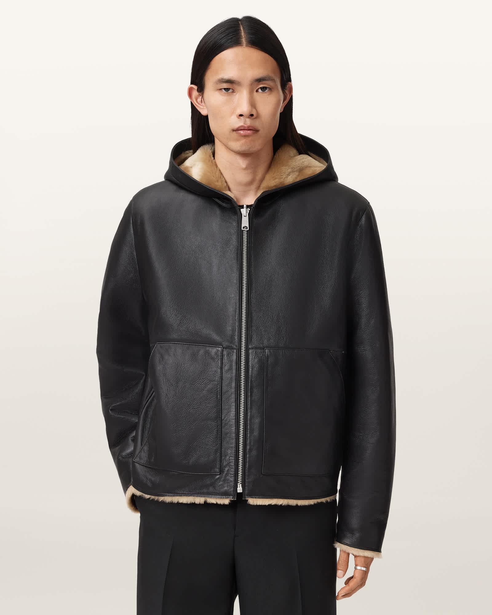 Mostyn Shearling Bomber Jacket Black/Brown | ALLSAINTS US Product Image