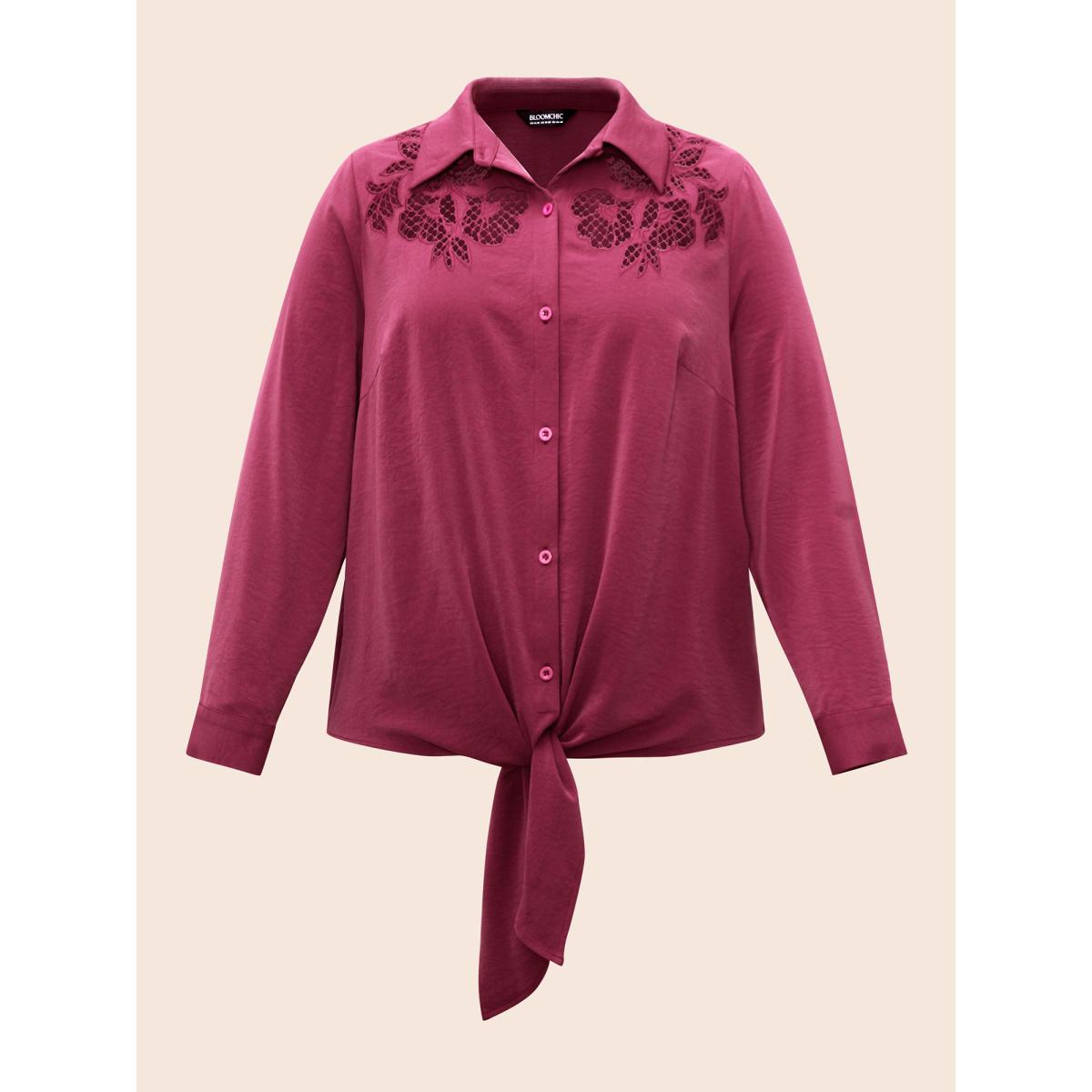 Plus Size RedViolet Shirt Collar Broderie Anglaise Tie Knot Blouse Women Elegant Long Sleeve Shirt collar Everyday Blouses BloomChic 14-16/1X Product Image