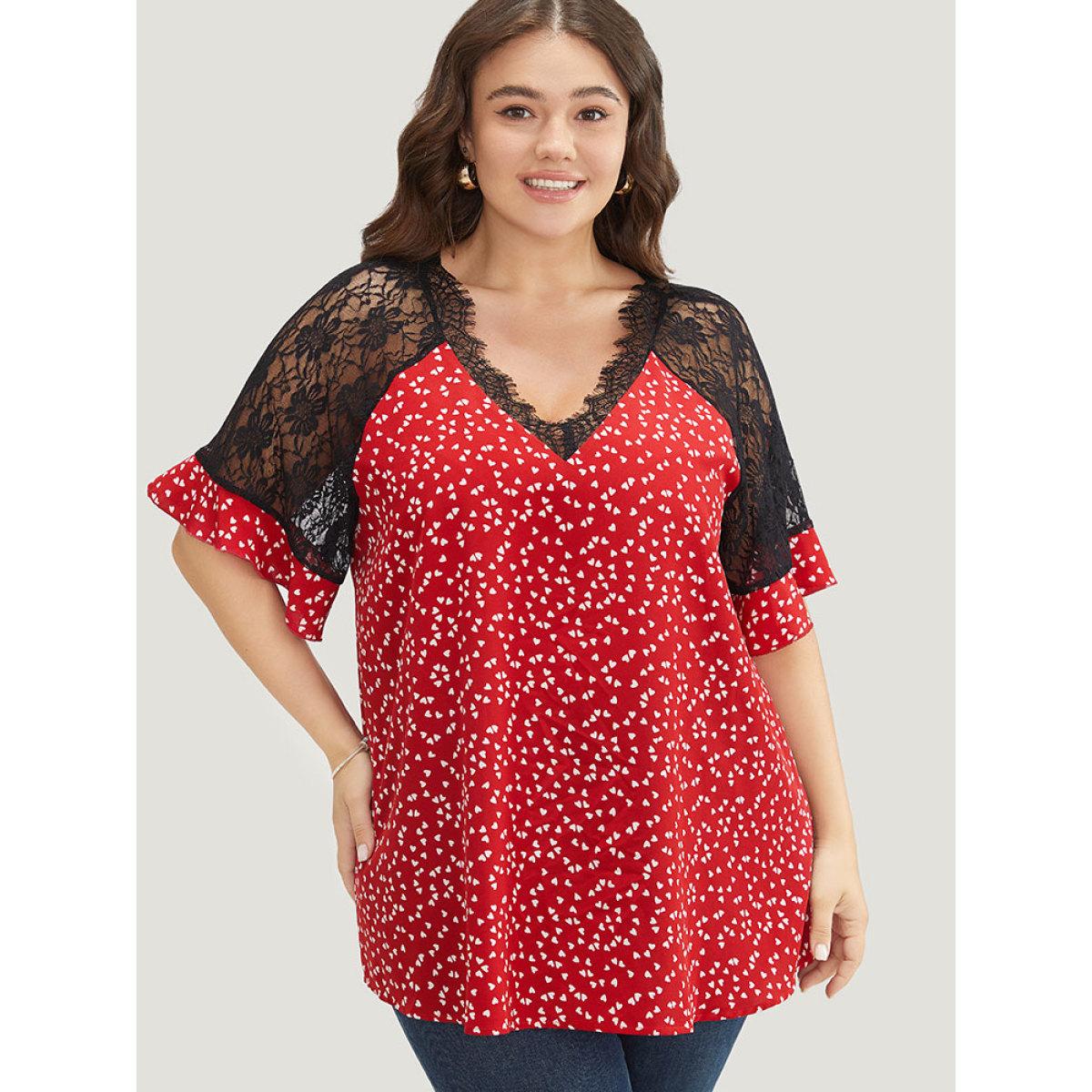 Plus Size Scarlet Heart Print Contrast Lace Ruffle Sleeve Blouse Women Elegant Half Sleeve V-neck Dailywear Blouses BloomChic 10/M Product Image