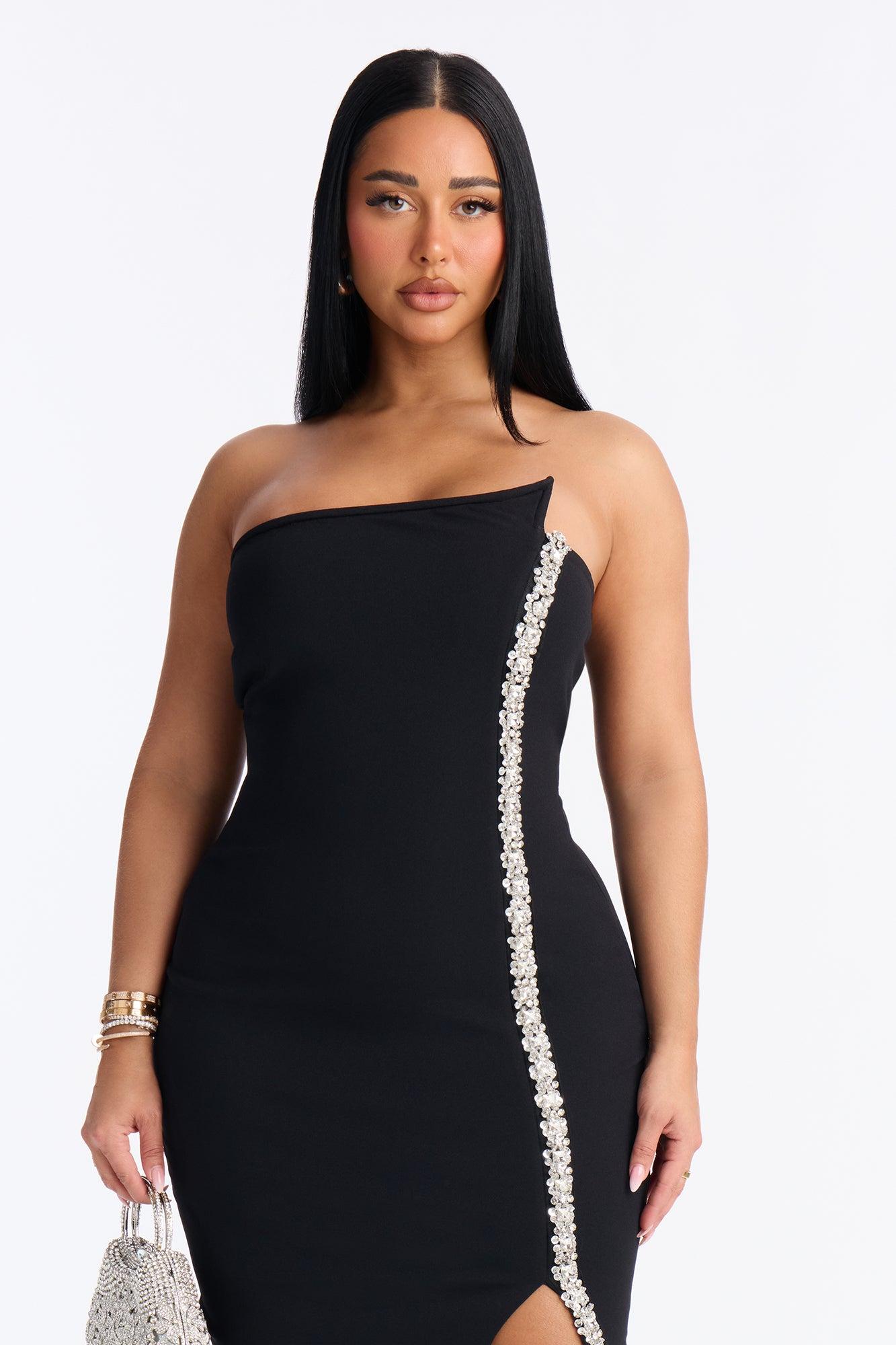 Naomi Asymmetrical Rhinestone Midi Dress - Black Female Product Image