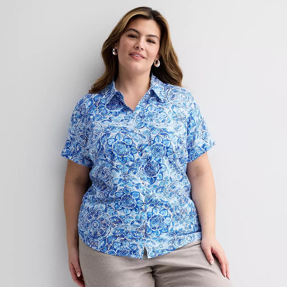 Plus Size Croft & Barrow® Camp Shirt, Women's, Size: 2XL, Blue Watercolor Tile Product Image