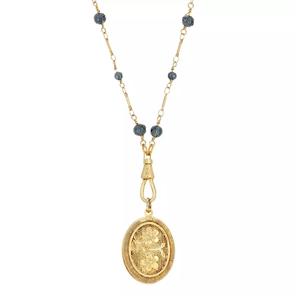 1928 Gold Tone Blue Beaded Oval Flower Locket Necklace, Womens Product Image