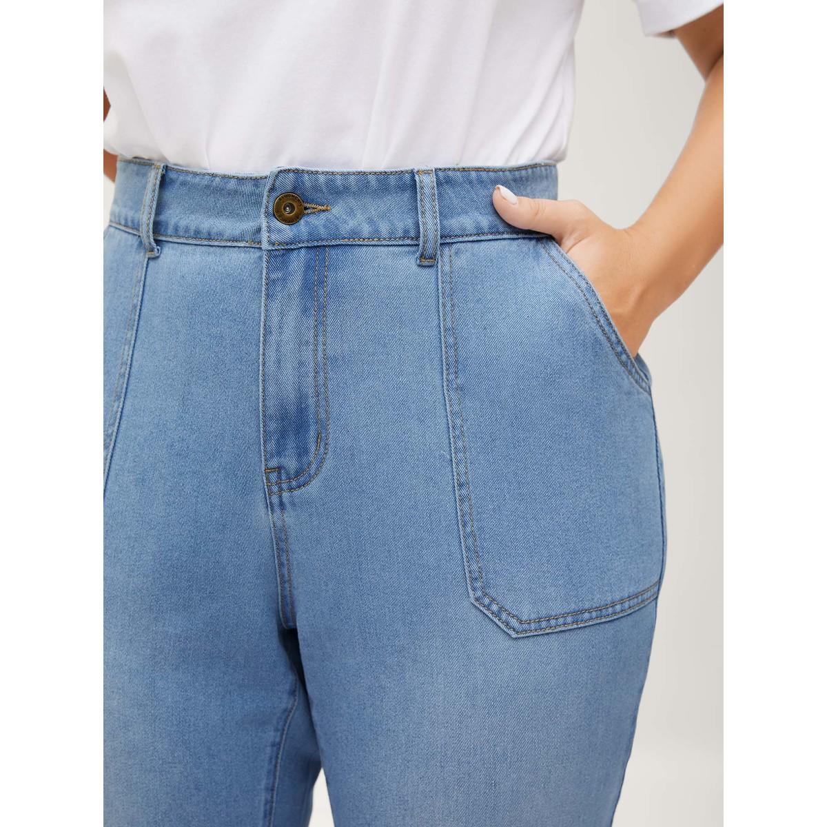 Plus Size Classic Flared Hem Mid-Rise Jeans Women Midblue High stretch Slanted pocket Jeans BloomChic 30/6X Product Image