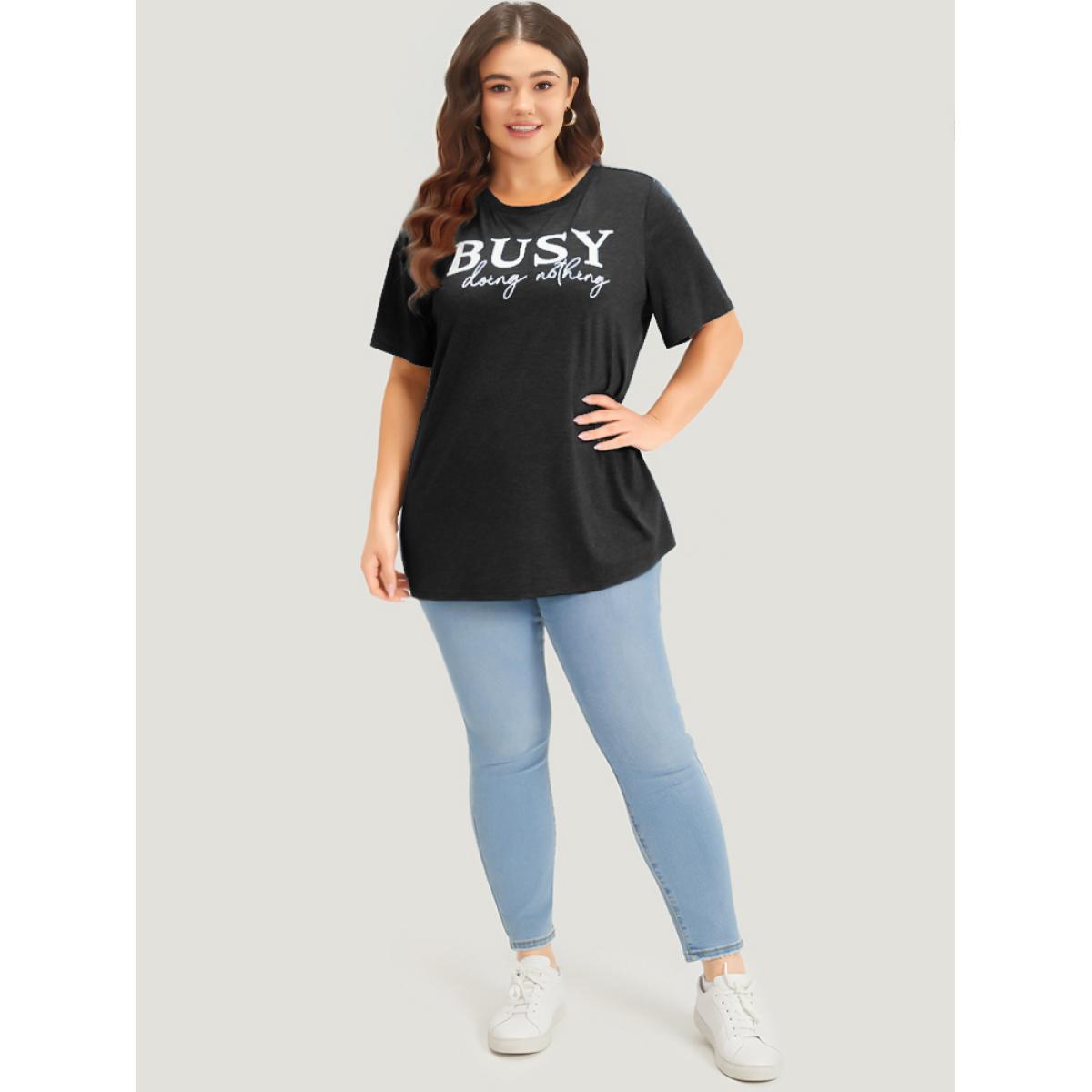 Plus Size Letter Print Crew Neck T-shirt Black Women Casual Plain Letter Dailywear T-shirts BloomChic 14-16/1X Product Image