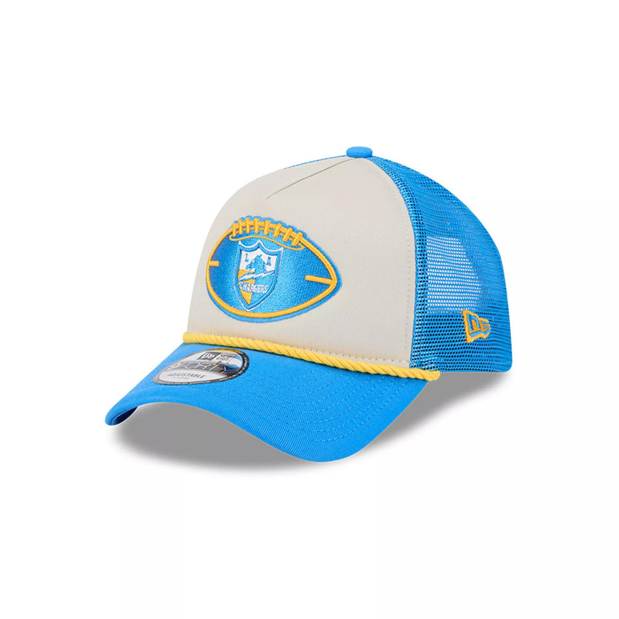 Men's New Era Stone/Powder Blue Los Angeles Chargers 2024 Sideline Historic 9FORTY A-Frame Trucker Adjustable Hat, Team Product Image