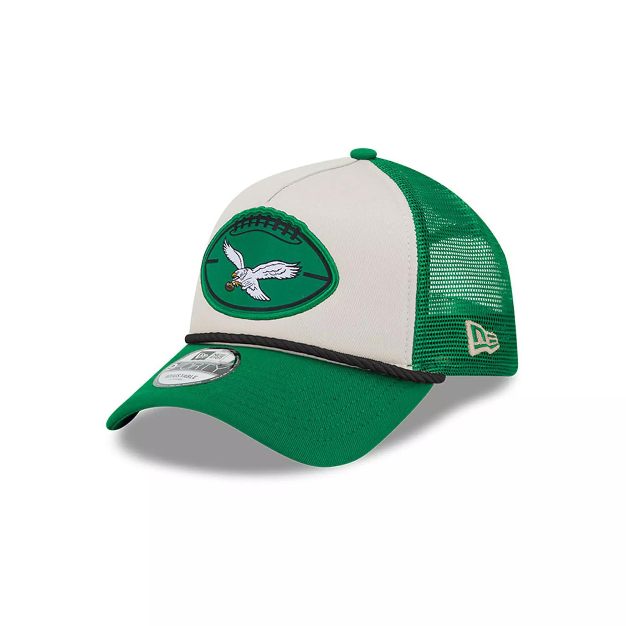 Men's New Era Stone/Kelly Green Philadelphia Eagles 2024 Sideline Historic 9FORTY A-Frame Trucker Adjustable Hat, Team Product Image