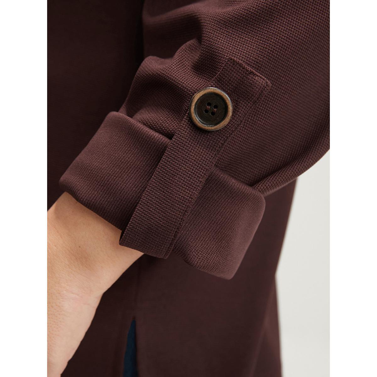 Plus Size Solid Cuffed Sleeve Split Hem Long Tee Burgundy Women Casual Button Plain V-neck Office T-shirts BloomChic 14-16/1X Product Image