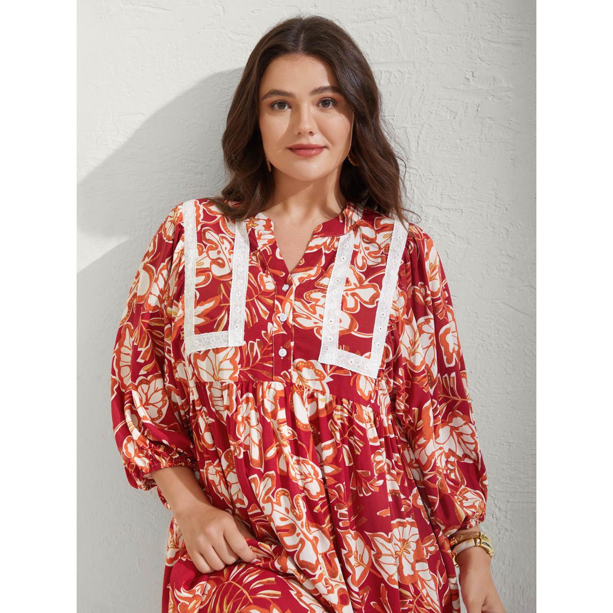 Plus Size Floral Lace Trim Button Front Midi Dress Raspberry Women Flat collar with V-notch Elbow-length sleeve Curvy BloomChic 22-24/3X Product Image