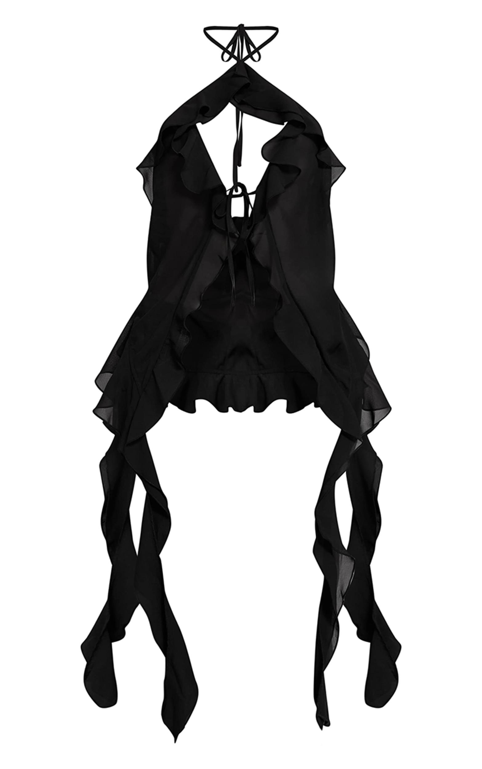 Black Chiffon Ruffle Drape Detail Longline Top Product Image