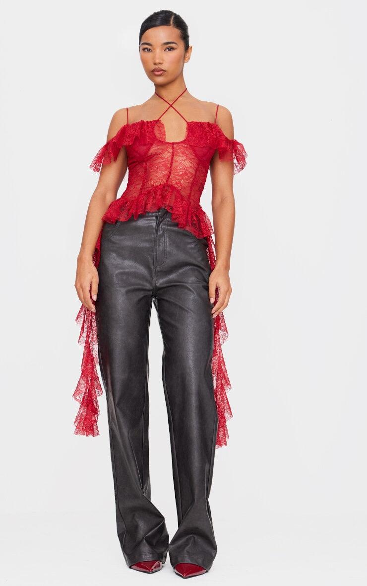 Wine Lace Ruffle Halterneck Long Top Product Image