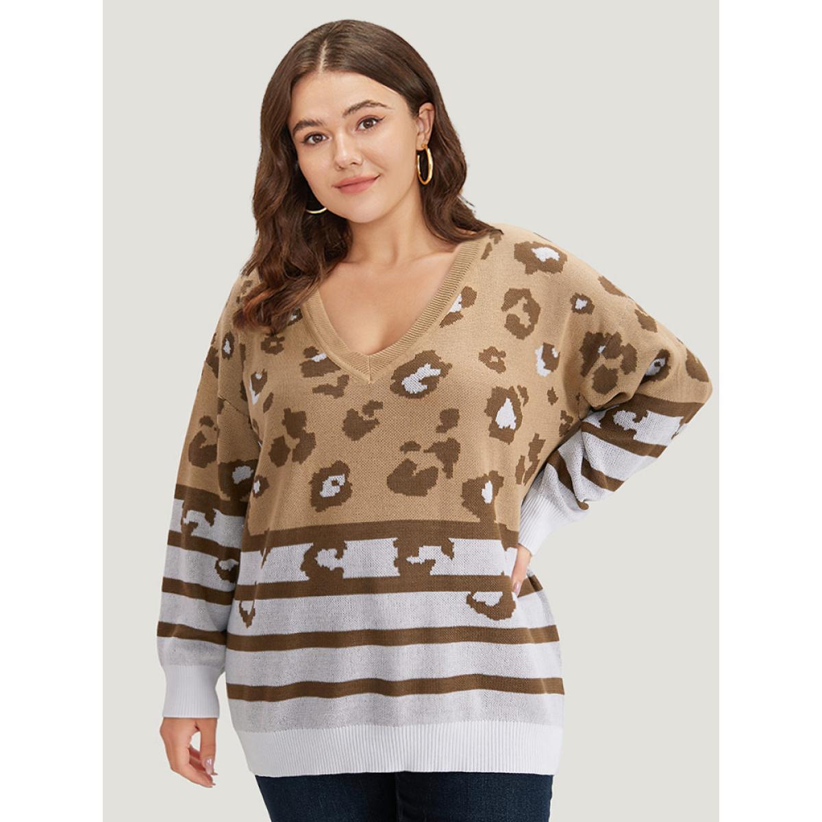 Plus Size Leopard Striped Elastic Cuffs Pullover Leopard Women Casual Loose Long Sleeve V-neck Dailywear Pullovers BloomChic 18-20/2X Product Image