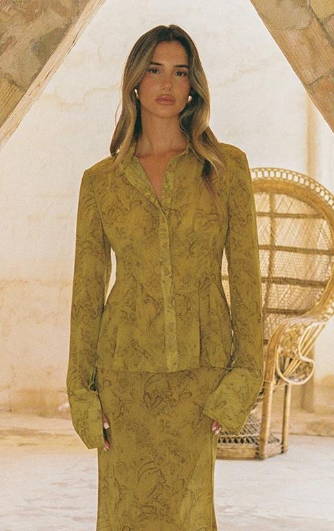 Chartreuse Abstract Print Chiffon Cinched Waist Shirt Product Image