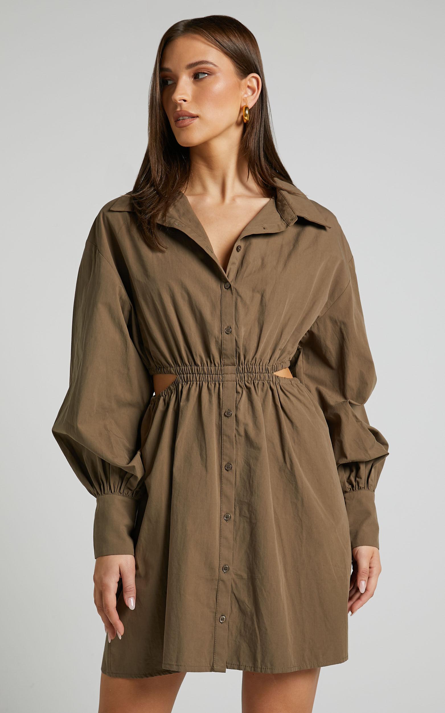 Jiah Dress - Side Cut Out Mini Shirt Dress in Khaki Product Image
