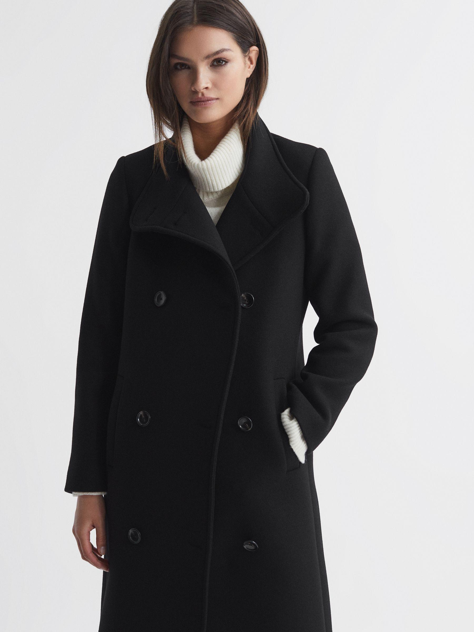 Wool Blend Double Breasted Long Coat in Black Product Image