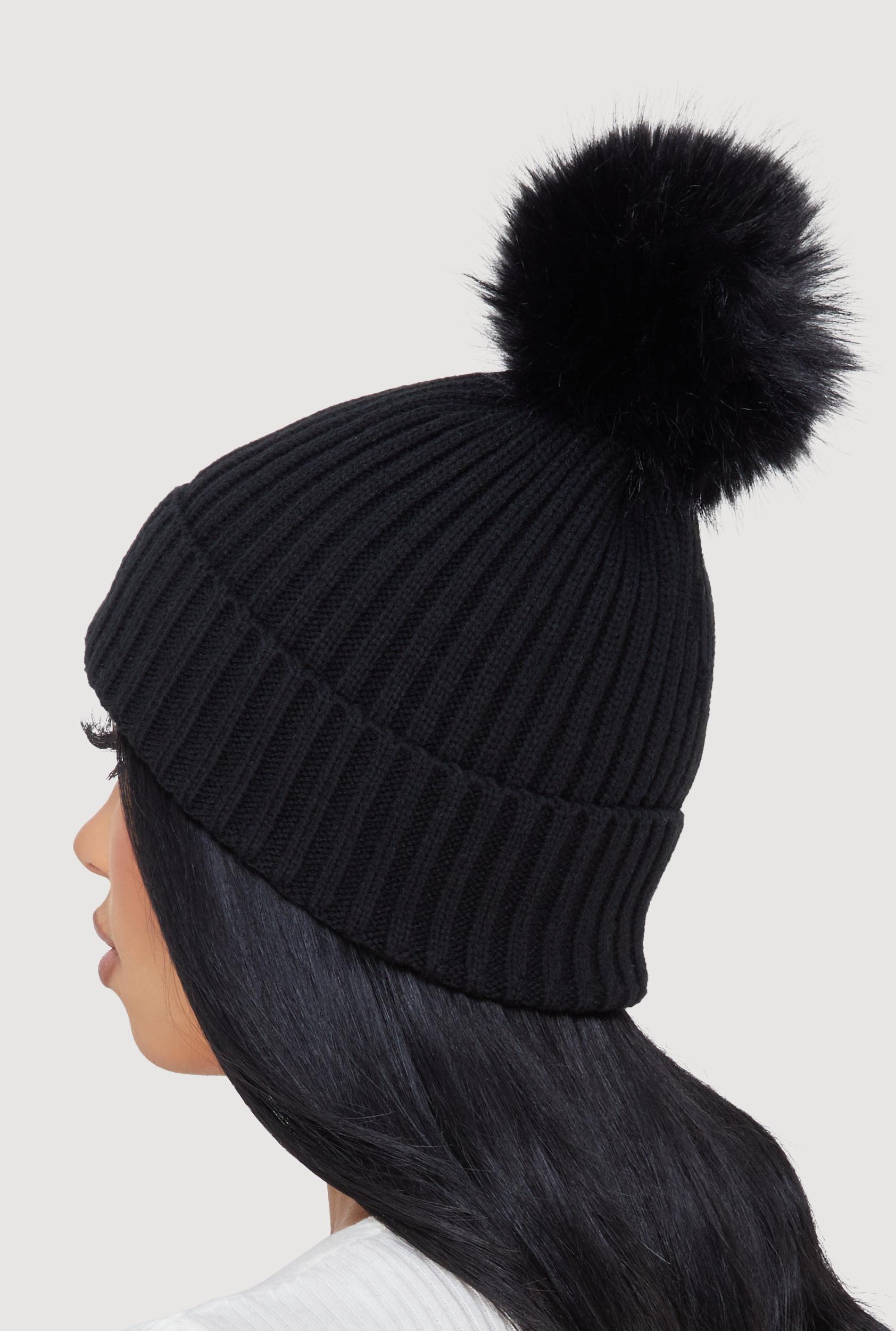 Trendy Faux Fur Pom Pom Detail Ribbed Knit Beanie Female Product Image