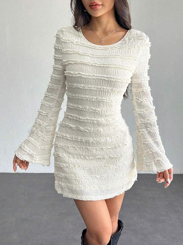 Bodycon Long Sleeves Backless Lace-Up Pleated Solid Color Split-Joint Round-Neck Mini Dresses Product Image