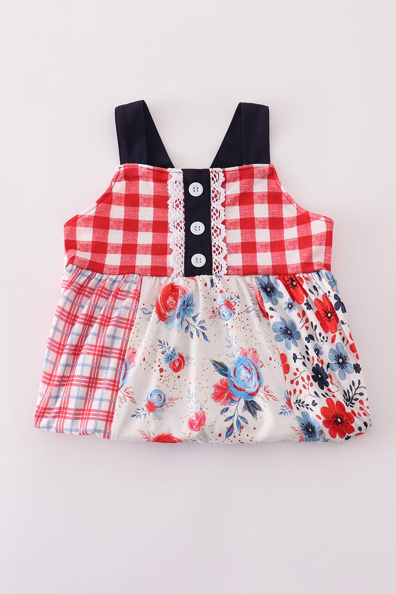 Red floral gingham ruffle dress Product Image