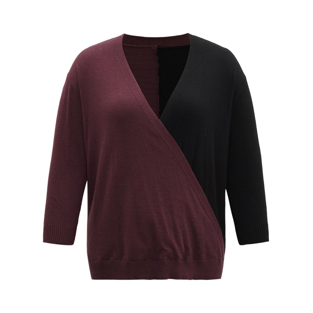 Plus Size Supersoft Essentials Colorblock Surplice Neck Elastic Hem Pullover Burgundy Women Casual Loose Long Sleeve V-neck Everyday Pullovers BloomChic 14-16/1X Product Image