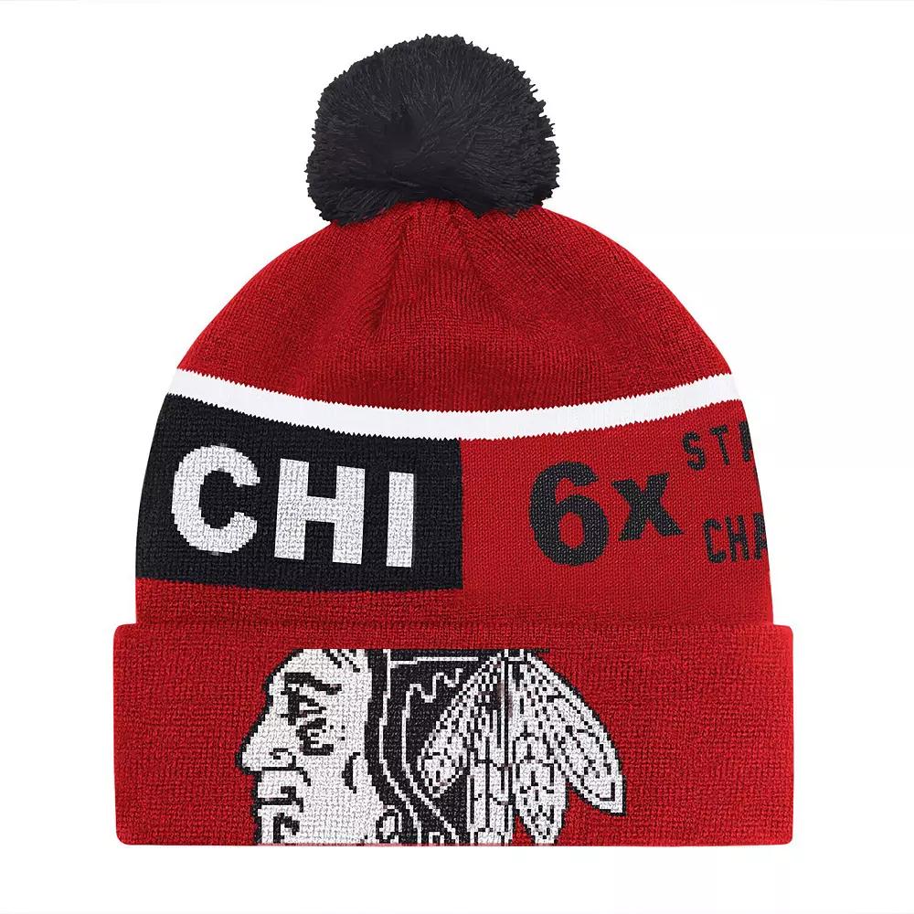 Men's Starter Red Chicago Blackhawks Chyron Commemorative Cuffed Knit Hat with Pom Product Image