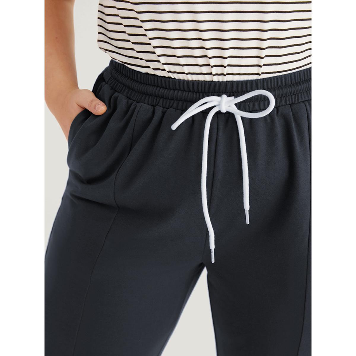 Contrast Patchwork Pocket Drawstring Split Hem Sweatpants SlateGray Plus Size Women Casual Everyday Contrast 10/M Bloomchic Product Image