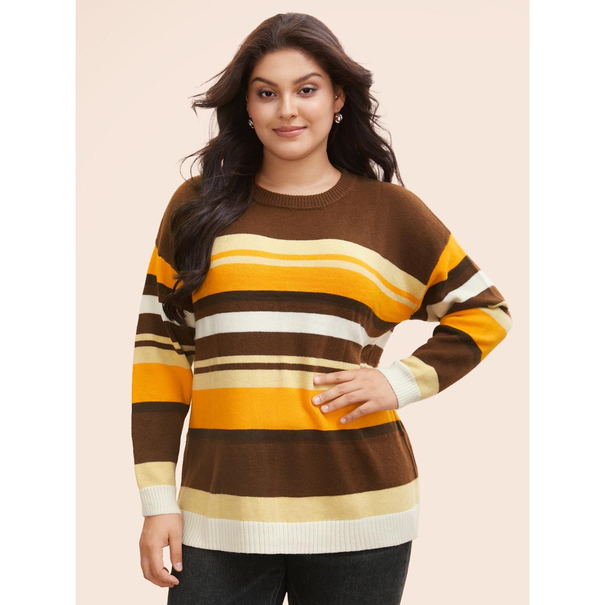 Plus Size Contrast Striped Drop Shoulder Sleeve Pullover Multicolor Women Casual Long Sleeve Round Neck Everyday Pullovers BloomChic 28/5X Product Image