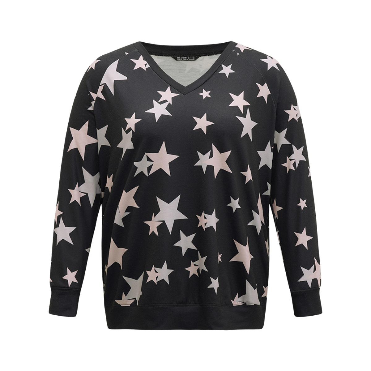 Plus Size Star Print V Neck Raglan Sleeve Sweatshirt Women Black Elegant Elastic cuffs V-neck Dailywear Sweatshirts BloomChic 22-24/3X Product Image