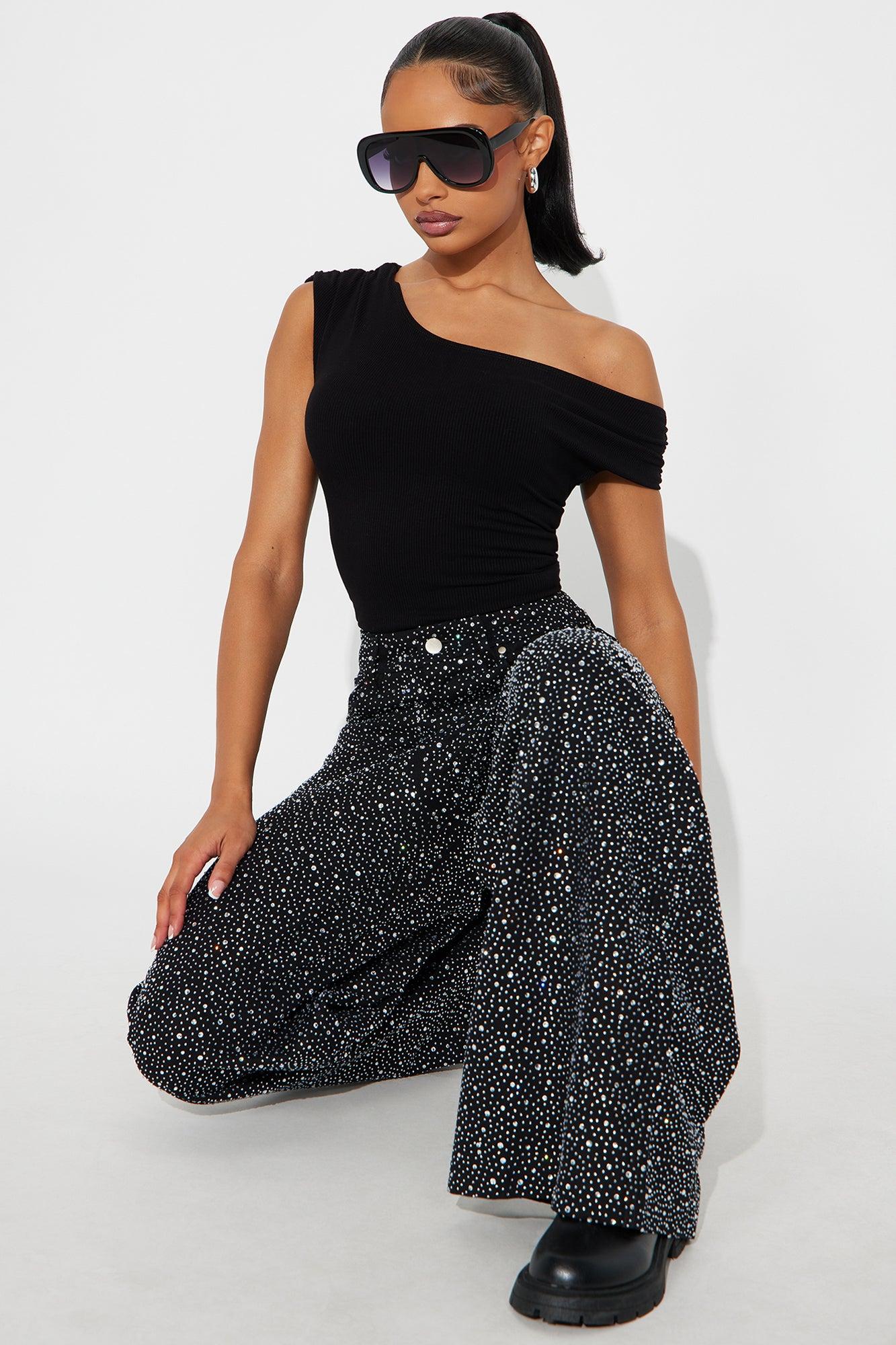 Let It Shine Sequin Wide Leg Jean - Black Female Product Image