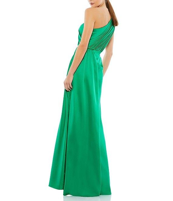 Mac Duggal Sleeveless Pleated One Shoulder Thigh High Slit Satin A-Line Gown Product Image