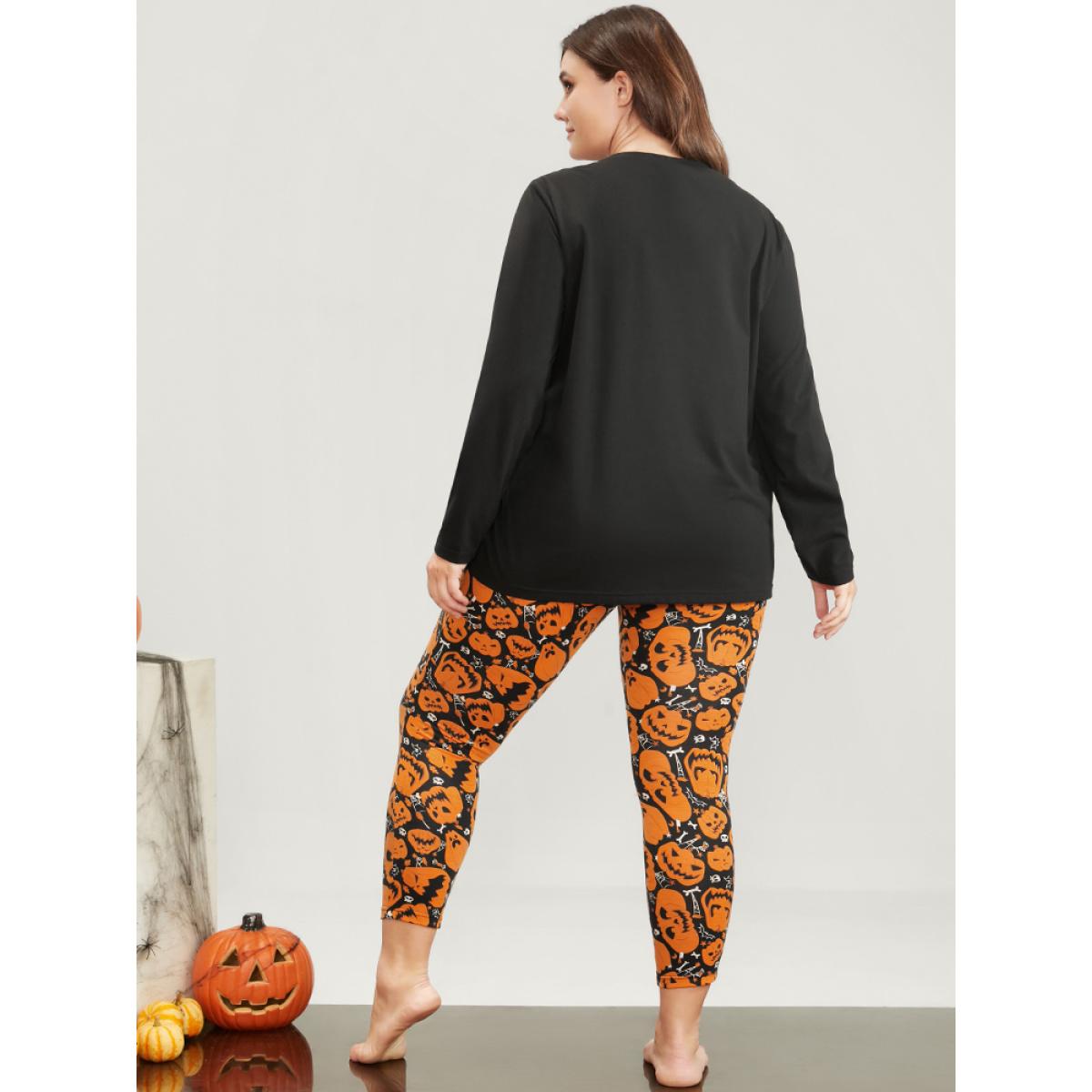 Plus Size Halloween Pumpkin Print Party Pajama Set Women Orange Graphic-Halloween Printed Long Sleeve Round Neck Casual Loungewear Sets BloomChic 10/M Product Image