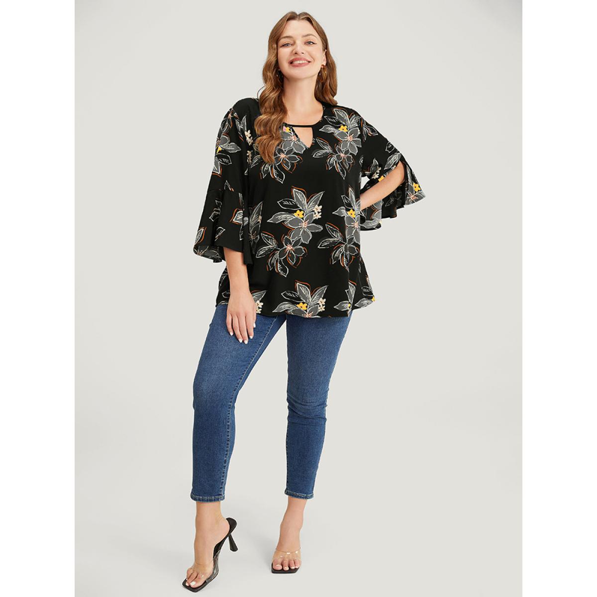Plus Size Black Floral Print Keyhole Neck Split Bell Sleeve Blouse Women Elegant Elbow-length sleeve Round Neck Dailywear Blouses BloomChic 22-24/3X Product Image