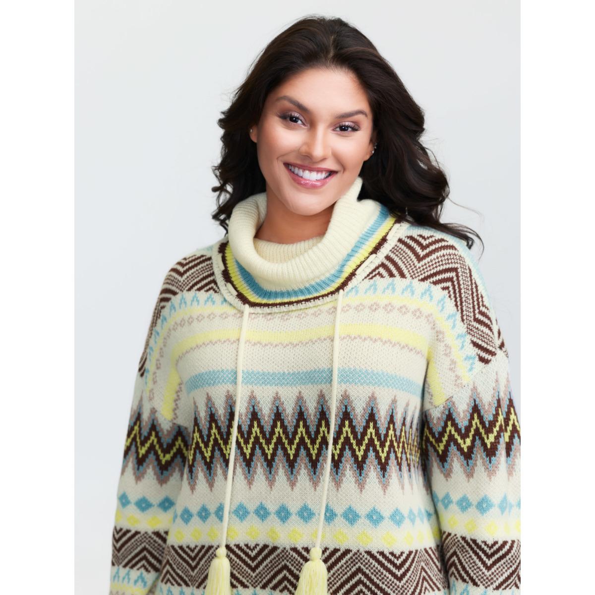 Plus Size Jacquard Boho Print Turtleneck Pullover Ivory Women Playful Loose Long Sleeve Ruffled collar Casual Pullovers BloomChic 30/6X Product Image