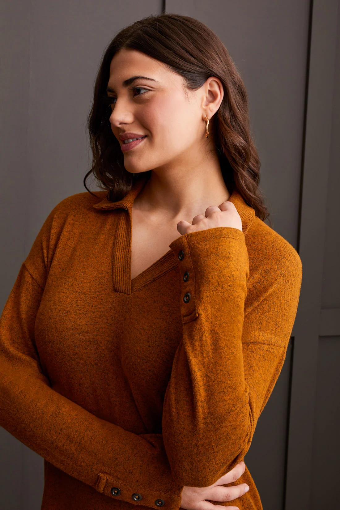 BRUSHED KNIT COLLARED TOP WITH RIB COMBO Product Image