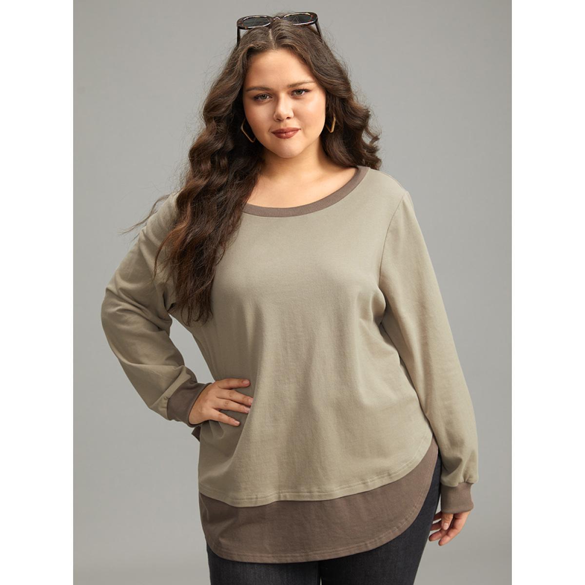 Plus Size Cotton Two Tone Layered Sweatshirt Women LightBrown Casual Arc Hem Round Neck Dailywear Sweatshirts BloomChic 10/M Product Image