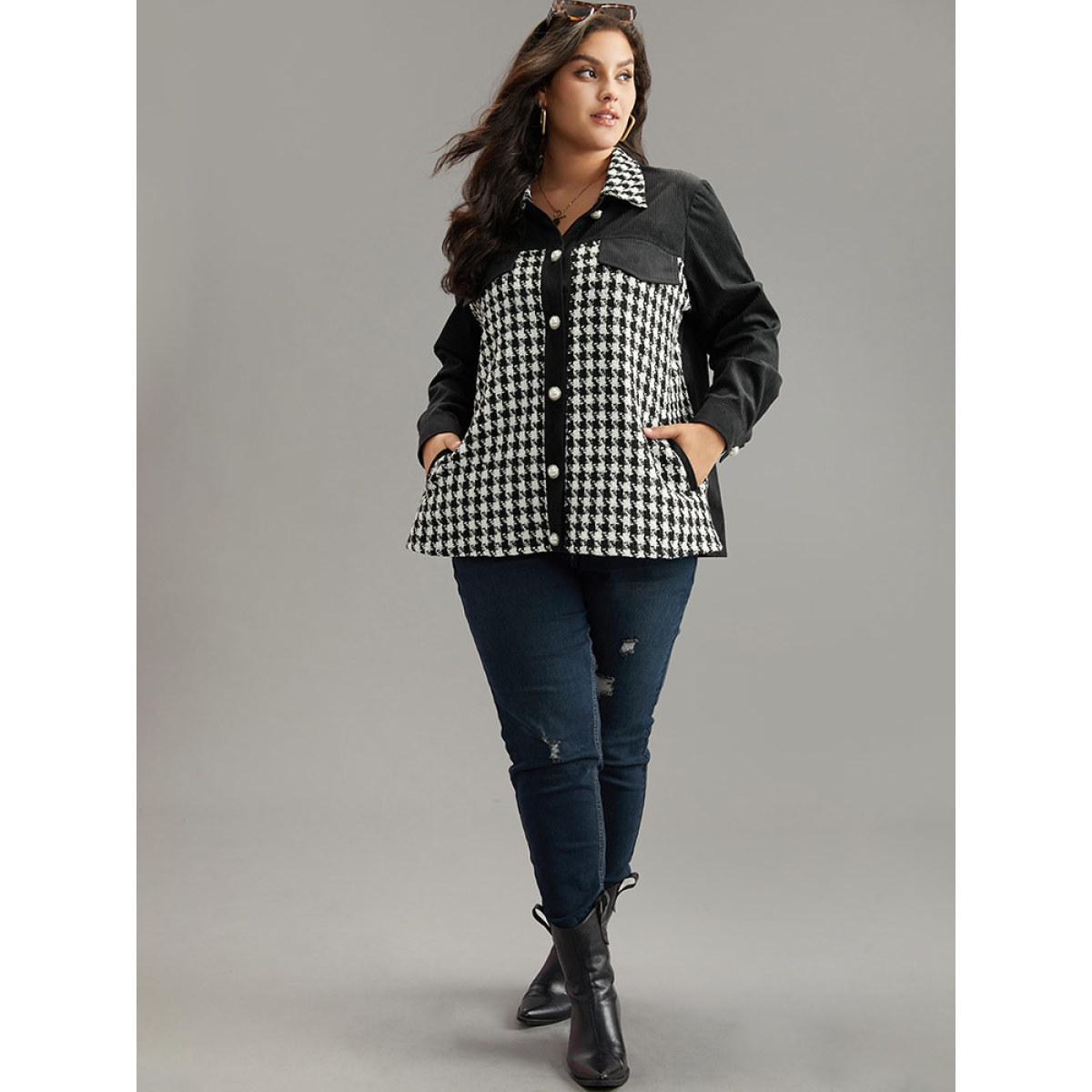 Plus Size Tweed Gingham Button Up Patchwork Pocket Contrast Coat Women Black Casual Contrast Ladies Dailywear Winter Coats BloomChic 18-20/2X Product Image