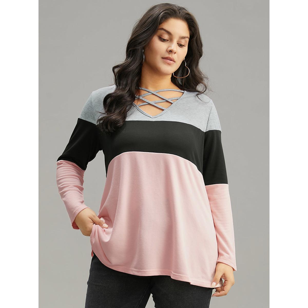 Plus Size Colorblock Contrast Crisscross V Neck Sweatshirt Women Multicolor Casual Contrast V-neck Everyday Sweatshirts BloomChic 10/M Product Image