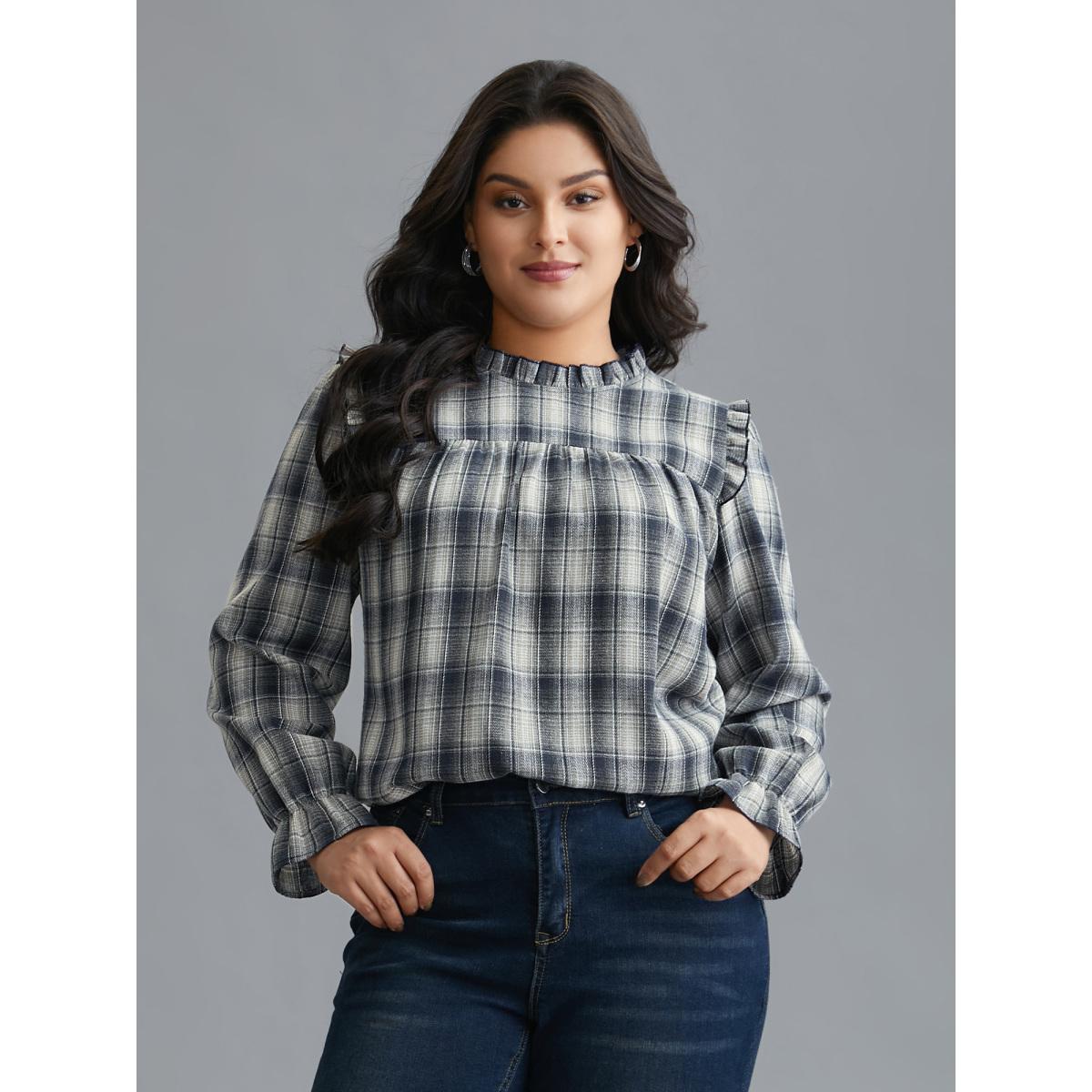 Plus Size Indigo Plaid Ruffle Trim Gathered Blouse Women Elegant Extra Long Sleeve Round Neck Everyday Blouses BloomChic 14-16/1X Product Image