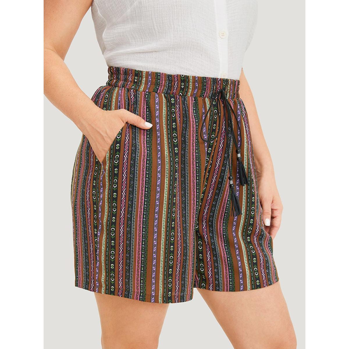 Plus Size Bandana Striped Drawstring Tassel Beaded Detail Shorts Women Multicolor Vacation Tassels Dailywear Shorts BloomChic 12/L Product Image