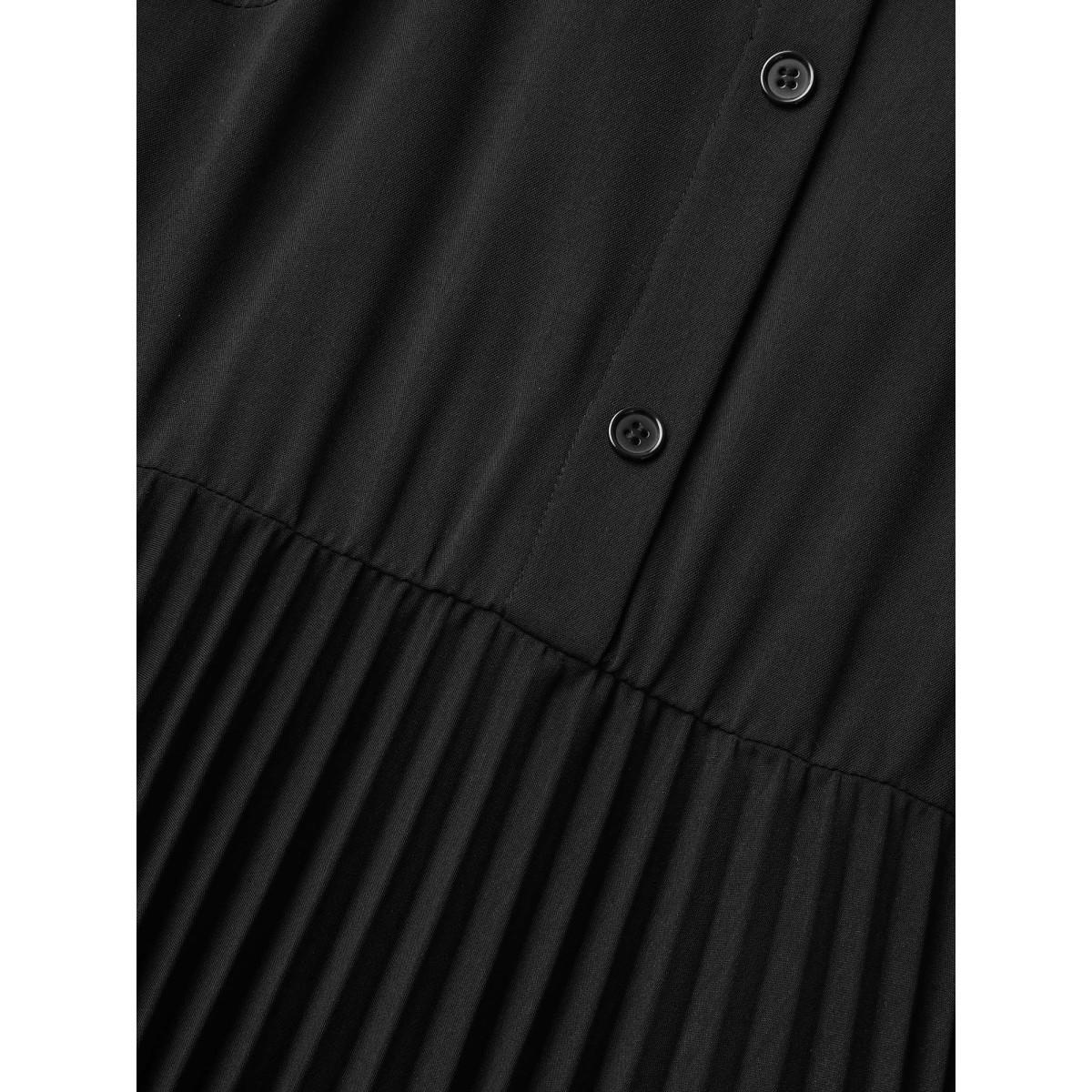 Plus Size Pleated Shirt Collar Solid Midi Dress Black Women Office Pleated Shirt collar Cap Sleeve Curvy BloomChic 26/4X Product Image