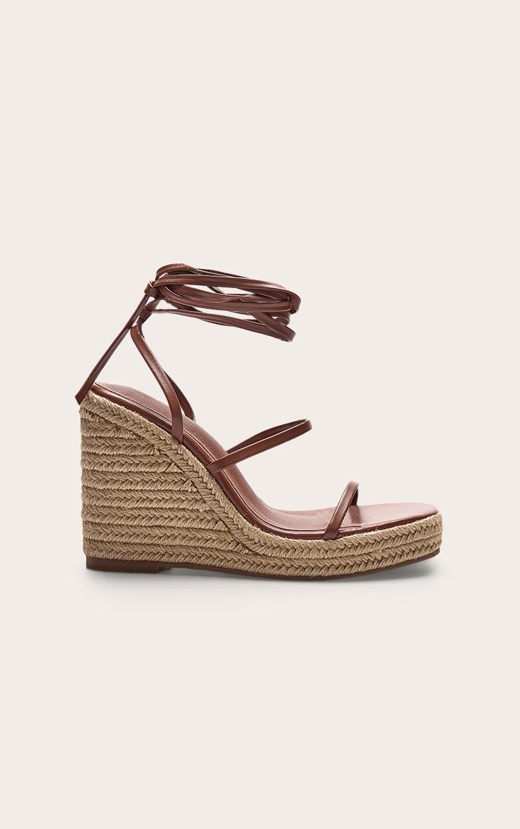 Tan Pu Square Toe Espadrille Lace Up High Heeled Wedges Product Image