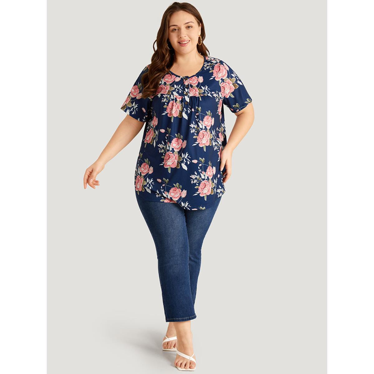 Plus Size Floral Print Button Up Flutter Gathered T-shirt Blue Women Elegant Printed Floral Open Front Dailywear T-shirts BloomChic 30/6X Product Image