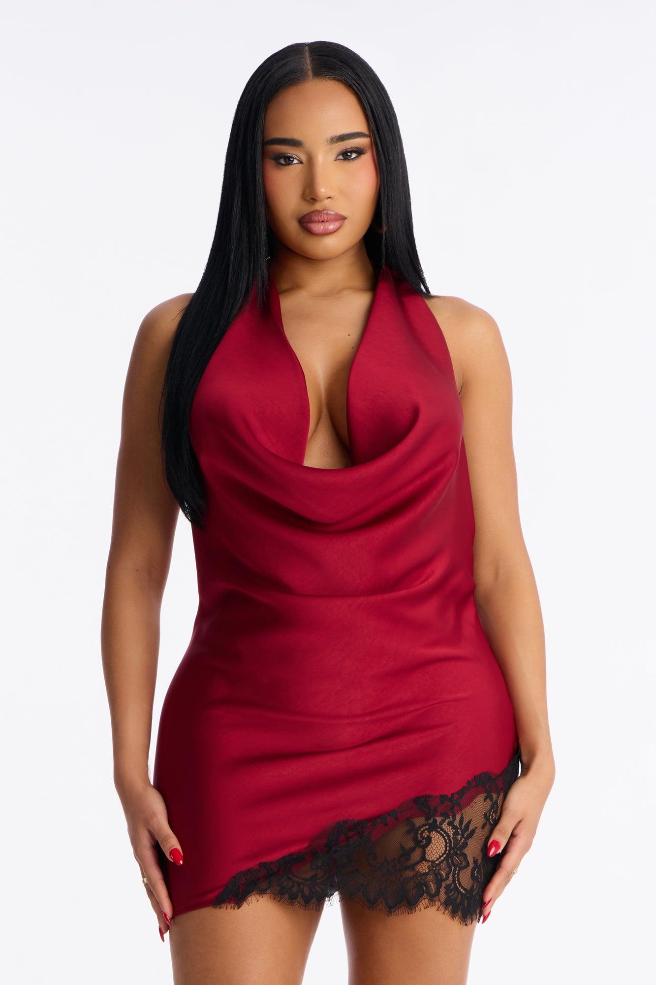 Selena Lace Trim Satin Mini Dress - Wine Female Product Image