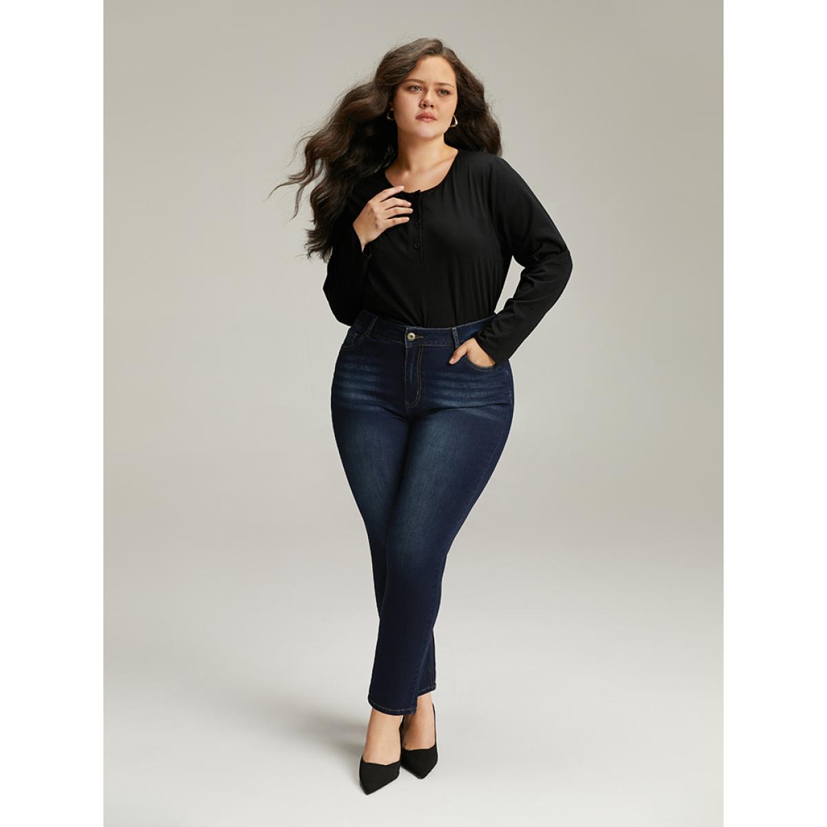Plus Size Plain Straight Leg Pocket High Rise Jeans Women DarkBlue Casual Plain Plain High stretch Pocket Jeans BloomChic 10/M Product Image