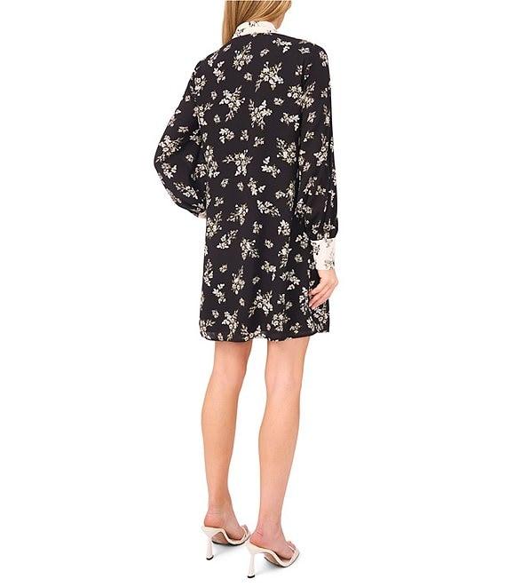 CeCe Woven Floral Print Tie Neck Long Sleeve A-Line Dress Product Image
