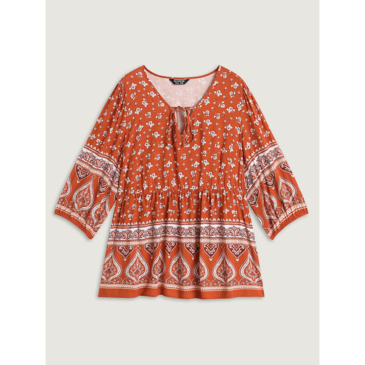 Plus Size OrangeRed Floral Print Neck Tie Flared Blouse Women Boho Elbow-length sleeve V-neck Vacation Blouses BloomChic 14-16/1X Product Image