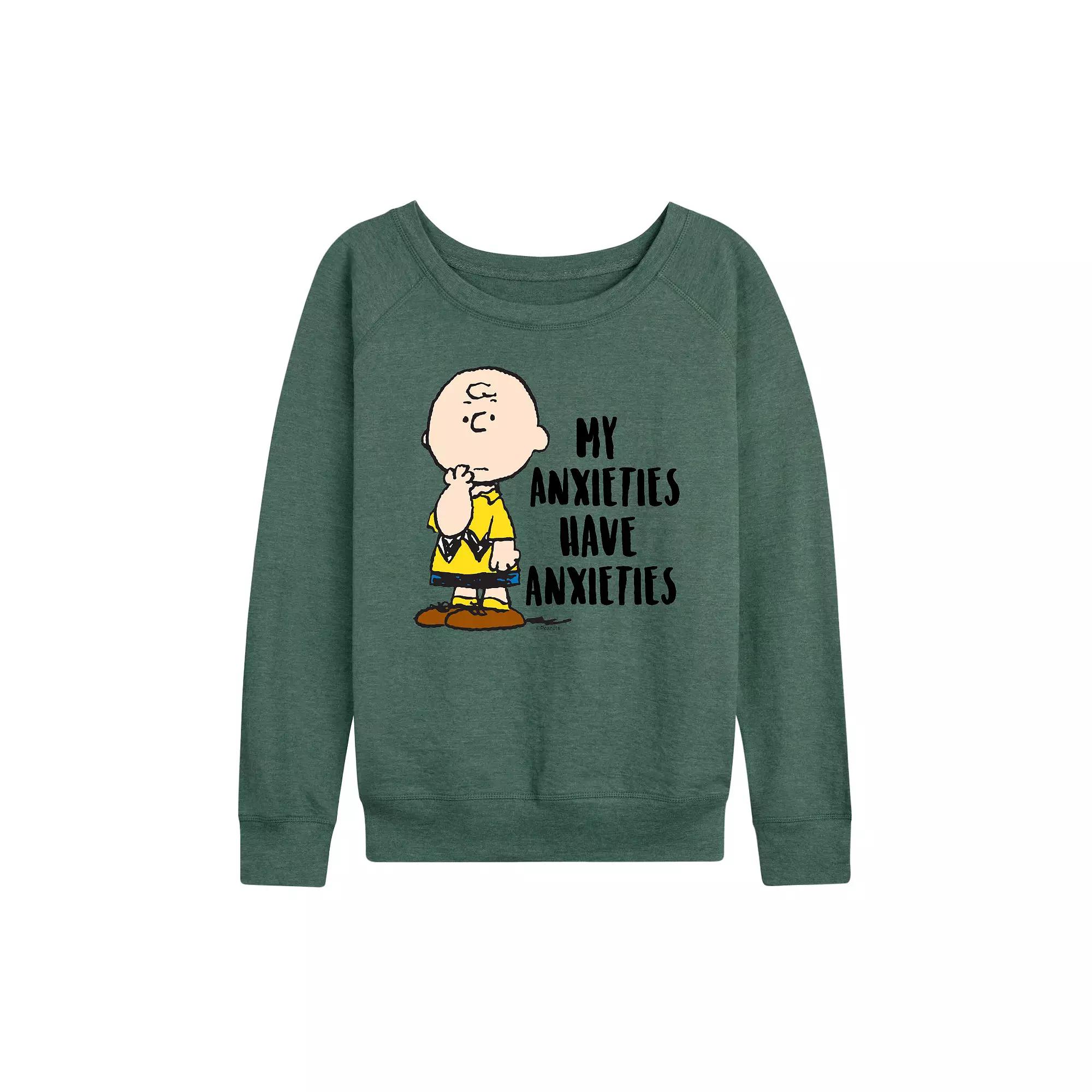 Women's Peanuts Charlie Brown Anxieties French Terry Long Sleeve Tee, Girl's,  Product Image