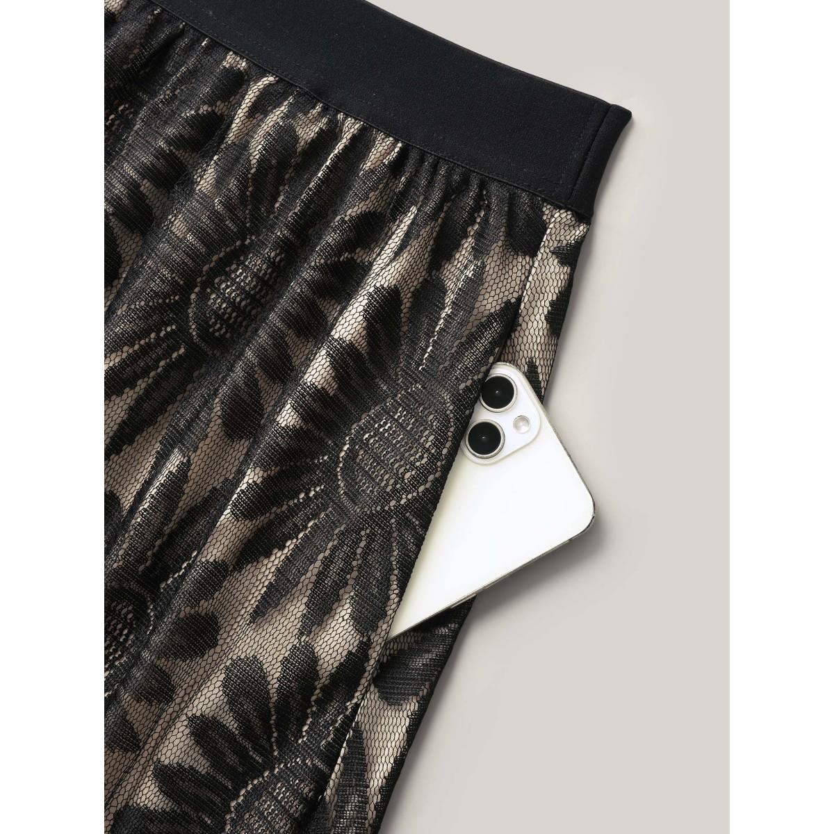 Plus Size Geometric Print Lace Midi Skirt Women Black Elegant See through Bodycon Low stretch Slanted pocket Everyday-Elegant Skirts BloomChic 14-16/1X Product Image