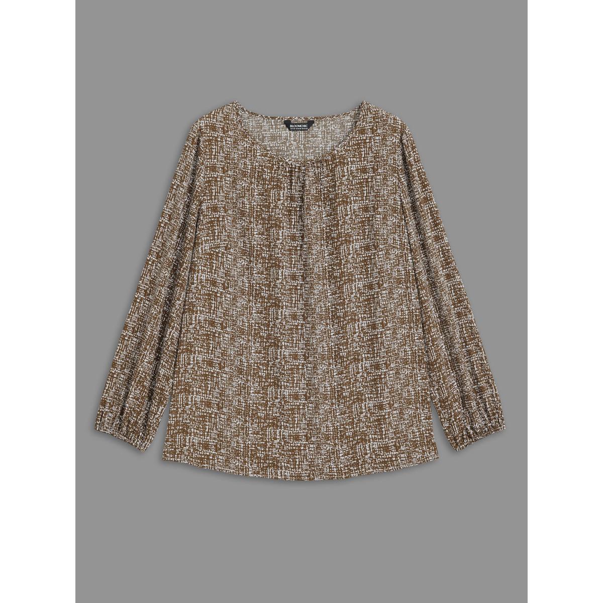 Plus Size Yellowishbrown Crew Neck Geometric Print Gathered Blouse Women At the Office Long Sleeve Round Neck Office Blouses BloomChic 14-16/1X Product Image