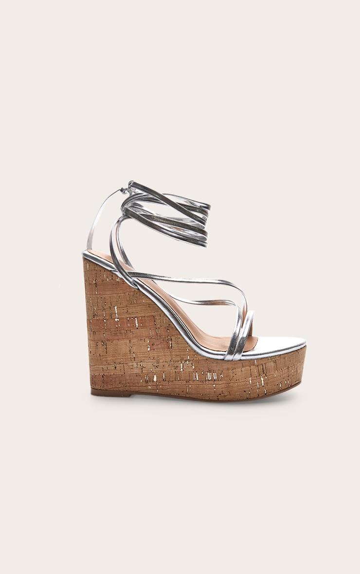 Silver Pu Strappy Lace Up High Heel Cork Wedges Product Image